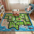 5x7ft Kids Island Train Car Play Rug - Non-Slip Faux Wool Carpet with Interactive Island Map Design, Educational Toy Vehicle Mat for Kids, Bedroom Playroom Nursery Gift.