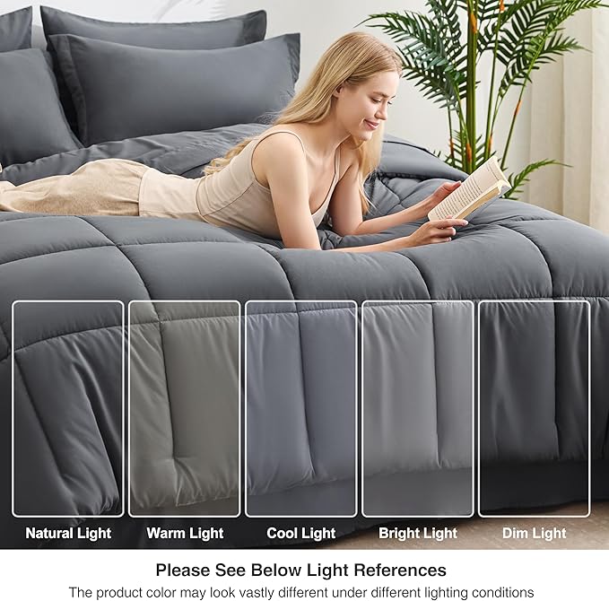 Love's cabin Twin Comforter Set Soot Grey, 5 Pieces Twin Bed in a Bag, All Season Bedding Sets with 1 Comforter, 1 Flat Sheet, 1 Fitted Sheet, 1 Pillowcase and 1 Pillow Sham