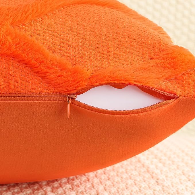 decorUhome Spring Euro Sham Throw Pillow Covers 22x22 Inch Set of 2, Soft Plush Faux Fur Wool Orange Couch Pillow Covers, Decorative Neutral Pillow Cases for Bed Sofa Living Room Home Decor