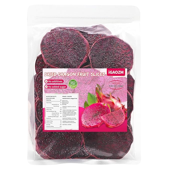 iGAOZM Dried Dragon Fruit Chips,8.8oz/250g,Dehydrated Dragon Fruit Slices,No Sugar added,Soft and Chewy Bulk Dehydrated Dragon Pieces Snacks for Cocktails,Snacks,Garnishing, Baking