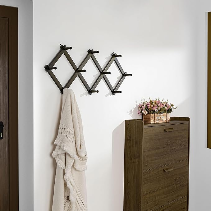 Dseap Accordion Wall Hanger: 16" High Wooden Expandable Coat Rack,Hat Rack,Accordion Hook Wall Mount for Baseball Caps,Coats,10 Peg Hooks,Dark Walnut