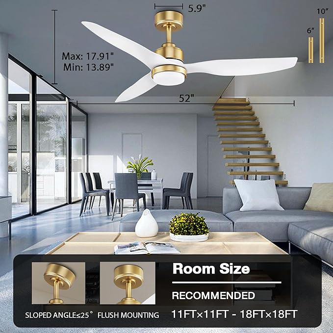 52 Inch Smart Ceiling Fans with Lights and Remote,Dimmable LED Light,Outdoor Indoor Gold White Ceiling Fan,Quiet DC Motor,High CFM 6 Speed,WIFI Alexa App Workable,for Bedroom Living Room Patio