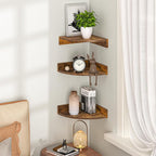 Fun Memories Corner Shelf Wall Mount, Wood Floating Corner Shelves, Corner Wall Shelf for Bedroom, Bathroom, Kitchen, Living Room (Brown, 3 Pack)