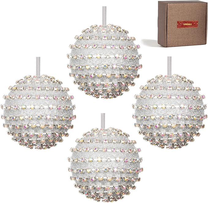 Iridescent Crystal Rhinestone Ball Ornaments, 4 Pack Handcrafted Sparkling Christmas Tree Decorations, Hanging Ornaments for Holiday & Home Décor in Luxury Gift Box