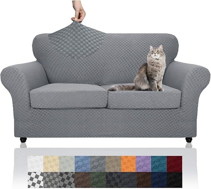 YEMYHOM Latest Checkered 3 Pieces Couch Covers for 2 Cushion Couch High Stretch Thickened Love Seat Sofa Cover for Dogs Pets Elastic Loveseat Slipcover Protector (Light Gray), 55"-69"(2 Cushions)