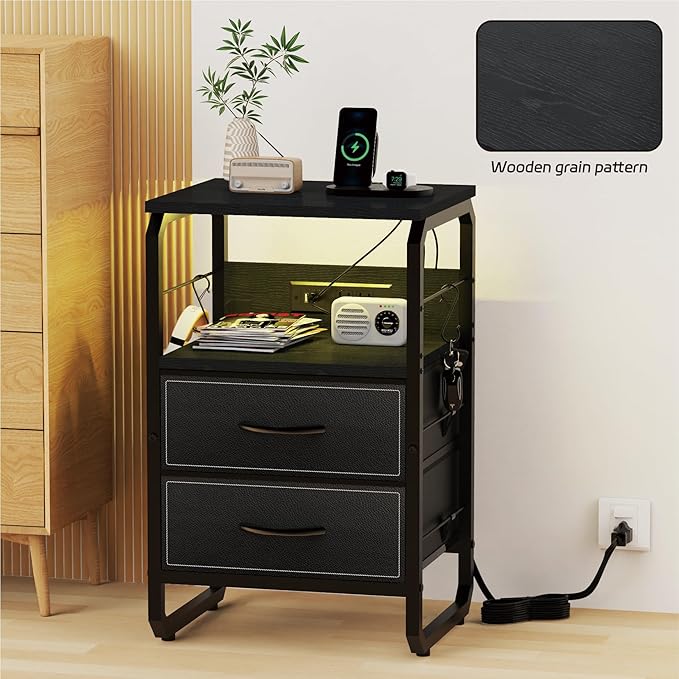 Nightstand with Light, LED End Table with Drawers and Charging Station Type C Port, Small Bedside Table with Hooks, Storage Dresser Side Table for Living Room, Bedroom, Dorm, Black