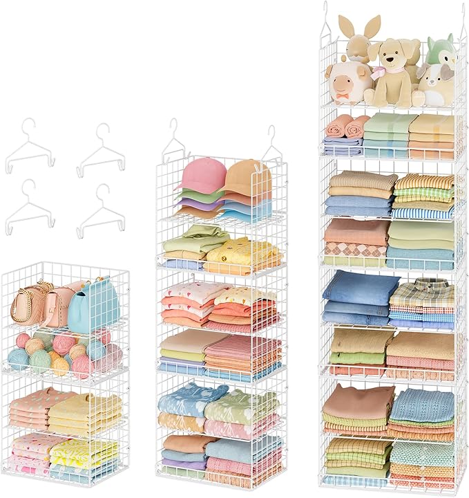 8 Tier Extended Width Hanging Closet Organizer, Sweater Storage for Closet Organizer System, Stackable Wire Basket Bins for Clothes Purse Shoes, Hanging Shelves with 4 Hooks & 4 Dividers Adjustable