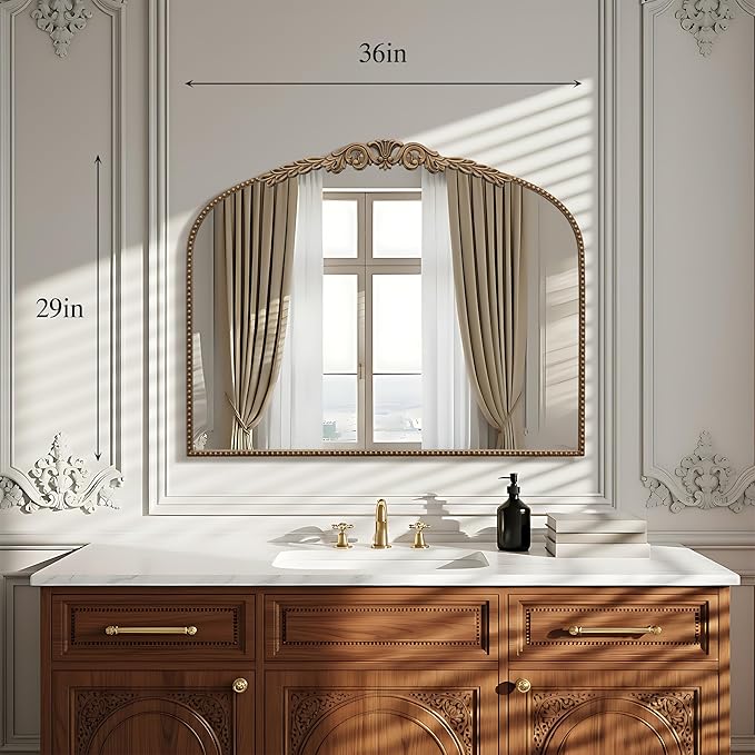 Besdomus Large Gold Vintage Mirror: 29"x 36" French Baroque Bathroom Mirror - Traditional Ornate Antique Arched Mirrors for Wall/Dresser/Mantel/Bedroom/Entryway/Hallway - Home Decor for Living Room