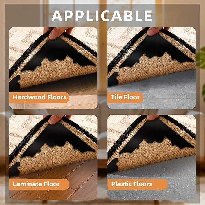 Rug Pad Gripper, 8 Pcs Reusable Non-Slip Rug Pads, for Hardwood Floors and Tiles No Damage, Keep Corners Flat, Double-Sided Adhesive Area Rugs
