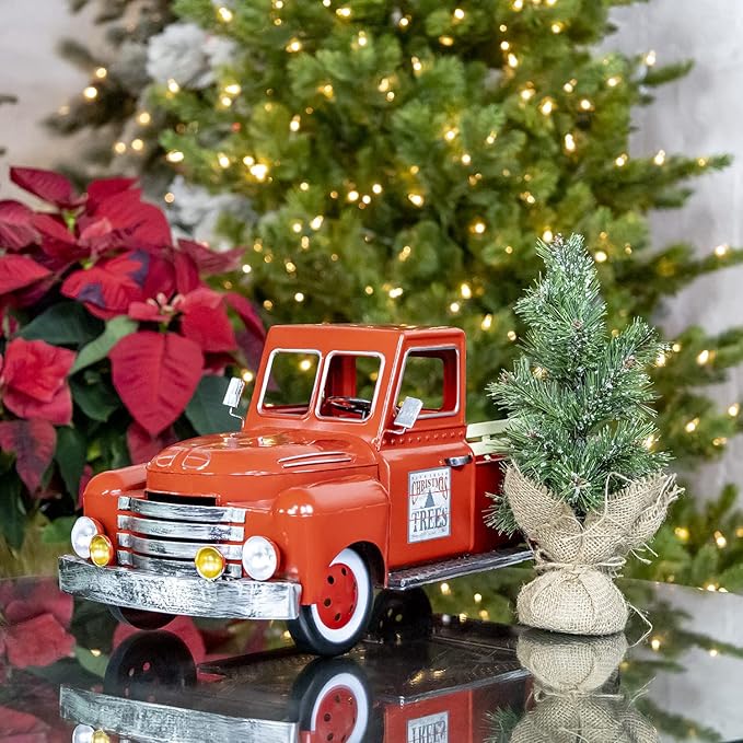 Zaer Ltd. Red Metal Christmas Pickup Truck Decoration (Medium 18" Long)