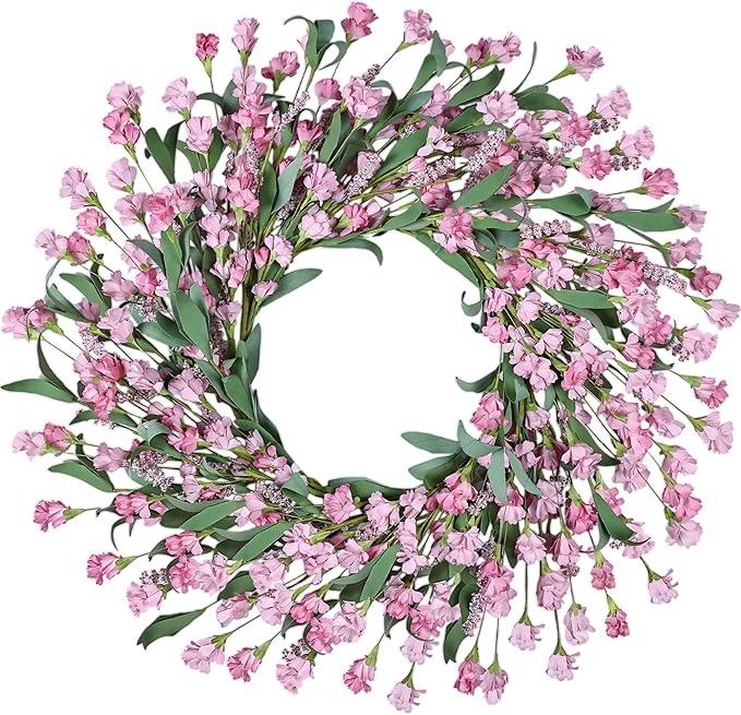 Wreaths for Front Door, 24 Inch Spring/Summer Front Door Wreath, Pink Paper Flower Wreath for All Seasons for Indoor Home Wall Window Office Wedding Farmhouse Decor (Pink)