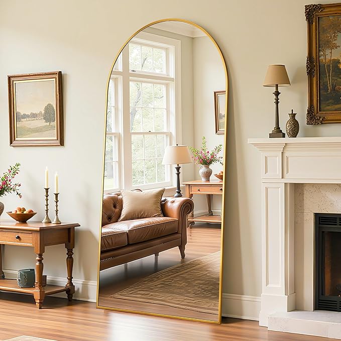 Full Length Mirror, 68"x26" Oversized Floor Mirror Freestanding, Full Body Mirror Floor Standing Mirrors with Stand, Hanging Mounted Mirrors for Bedroom Living Room, Gold, Arched Style