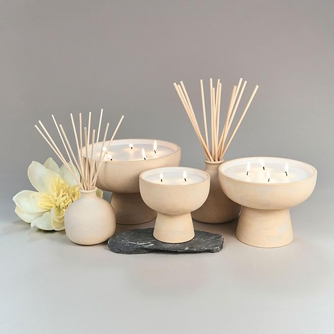 Blueme Balance Candle | White Lotus & Tea | 2 Wick - Refillable Wellness Candle with Essential Oils, Hand Finished & Poured Soy Wax Blend Ceramic Vessel, Natural Cotton Wicks | Medium 12 oz