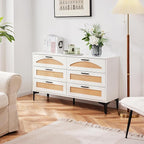 Mericonia 6 Drawer Double Dresser for Bedroom, Wood Rattan Dresser for Closet with Metal Legs, Boho TV Stand with Drawers, Dressers & Chests of Drawers for Bedroom, Hallway and Entryway, White