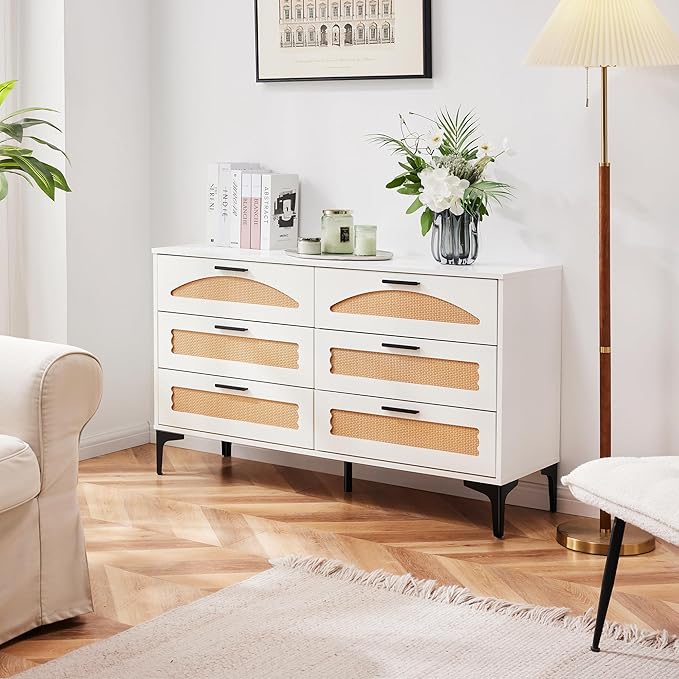 Mericonia 6 Drawer Double Dresser for Bedroom, Wood Rattan Dresser for Closet with Metal Legs, Boho TV Stand with Drawers, Dressers & Chests of Drawers for Bedroom, Hallway and Entryway, White