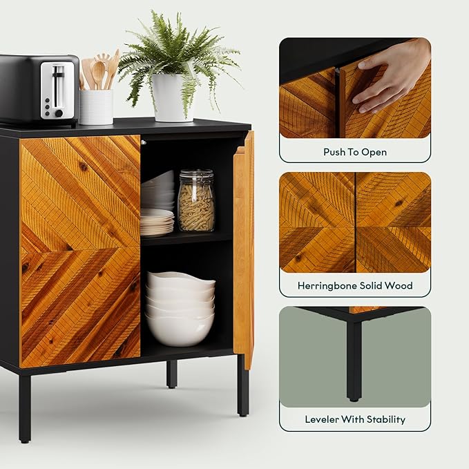 Bme Vivian Sideboard Buffet Cabinet, Solid Acacia Wood Storage Cabinet with 3 Doors, Rustic Golden Brown Mid Century Modern Sideboard for Dining Room, Kitchen, or Living Room