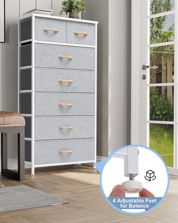 Crestlive Products Vertical Dresser Storage Tower - Sturdy Steel Frame, Wood Top, Easy Pull Fabric Bins, Wood Handles - Organizer Unit for Bedroom, Hallway, Entryway, Closets - 7 Drawers (Light Gray)