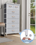 Crestlive Products Vertical Dresser Storage Tower - Sturdy Steel Frame, Wood Top, Easy Pull Fabric Bins, Wood Handles - Organizer Unit for Bedroom, Hallway, Entryway, Closets - 7 Drawers (Light Gray)