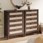 LINSY HOME Rattan Dresser with 5 Deep Drawers, 46" Tall Chest of Drawers, Mid Century Modern Wood Dresser, Large Boho Storage Cabinet for Bedroom with Metal Handle and Durable Legs, Walnut