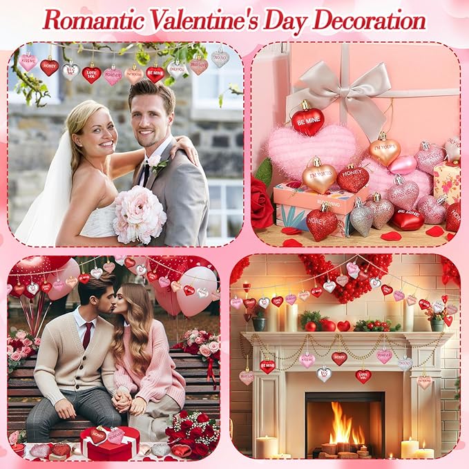 70Pcs Valentine's Day Heart Shaped Ornaments with Sweet Love Words, 10 Styles Valentine Ornaments for Tree, Red Pink Glitter Heart Shaped Valentine's Hanging Decorations for Wedding Anniversary