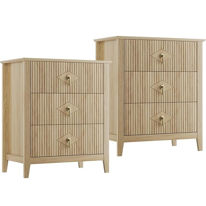 GarveeHome 2Pcs Wood Nightstand Fluted Dresser for Bedroom, 27.5" Wide 3-Drawer Bedside Tables, Modern Chest of Drawers, Storage End Table Living Room, Hallway, Entryway, Natural Oak