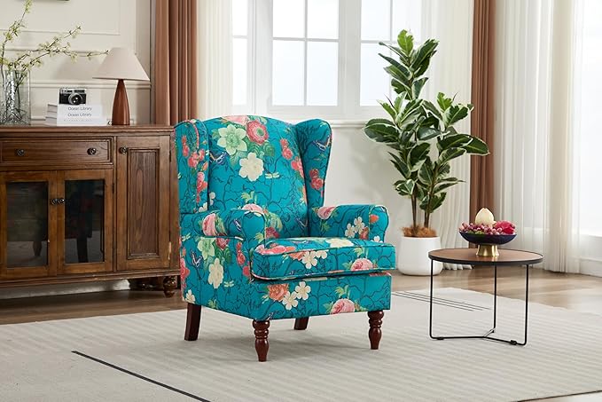 KEIKI Floral Accent Chair for Living Room - Stylish Vintage Elegance with Retro Wood Legs, Upholstered Armchair for Modern Comfort