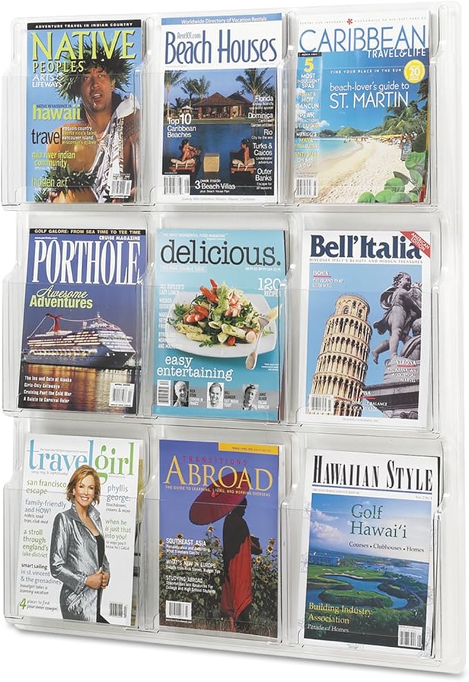 Safco Reveal Literature Rack, 9 Compartments Magazine Holder, Wall-Mounted Brochure Organizer, Acrylic, Clear