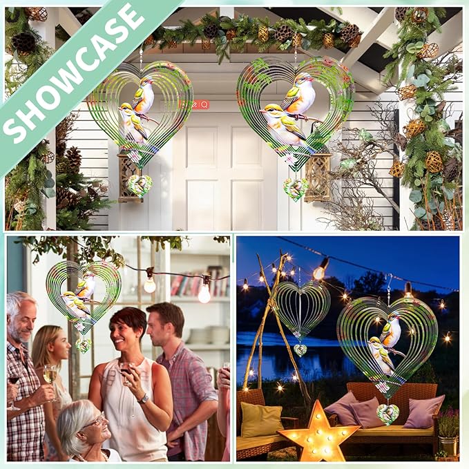 3D Hummingbird Heart Wind Spinner for Outdoor Decor, Stainless Steel Hanging Wind Sculpture, Garden Gifts for Mom, Mother’s Day, Rustproof Metal Yard Art for Patio, Porch, and Bird Lovers