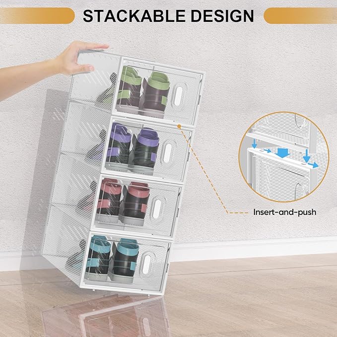 BALEINE 6 Pack Stackable Shoe Storage Boxes Fit Size 11, Thickened Clear Shoe Box Bins with Lids, Plastic Foldable Shoe Rack Organizer Sneaker Storage Containers (X-Large, White)