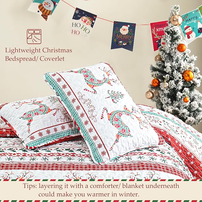 Exclusivo Mezcla Reversible Christmas Quilts King Size, Red Bedspread Lightweight Coverlet Winter Quilt Bedding Set with Printed Striped Flowers Reindeer Pattern (1 Quilt, 2 Pillow Shams)