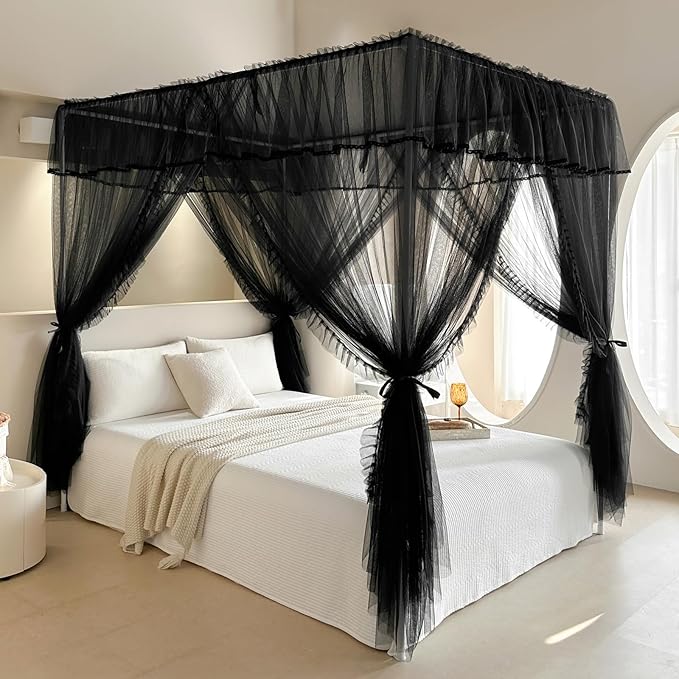AIKASY 4 Corners Post Ruffle Princess Bed Canopy Curtain - Double Layer Cozy Drape Netting with 4 Openings - Elegant Mosquito Net for Girls and Adults Bedroom Decoration (Black, Queen)