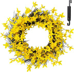 Solar Spring Wreath 24 inch Wreath for Front Door Artificial Pre-lit 50LED Summe Spring Decorations for Outside Yellow Forsythia Flower Home Decor for Wall Festival Holiday Decor(2404)