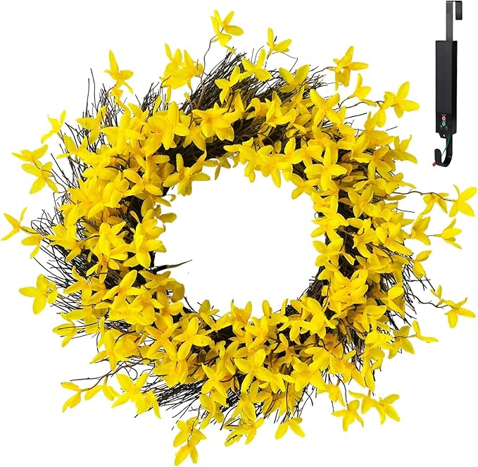 Solar Spring Wreath 24 inch Wreath for Front Door Artificial Pre-lit 50LED Summe Spring Decorations for Outside Yellow Forsythia Flower Home Decor for Wall Festival Holiday Decor(2404)