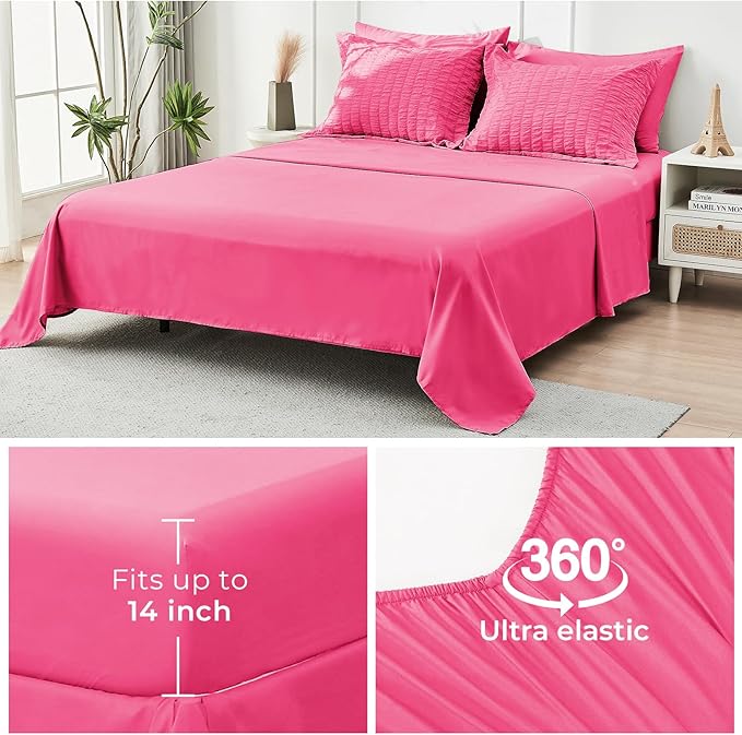 HYMOKEGE Hot Pink Twin XL Comforter Set Seersucker 5 Pieces, All Season Luxury Bed in a Bag for Bedroom, Bedding Set with Comforter, Sheets, Pillowcase & Sham