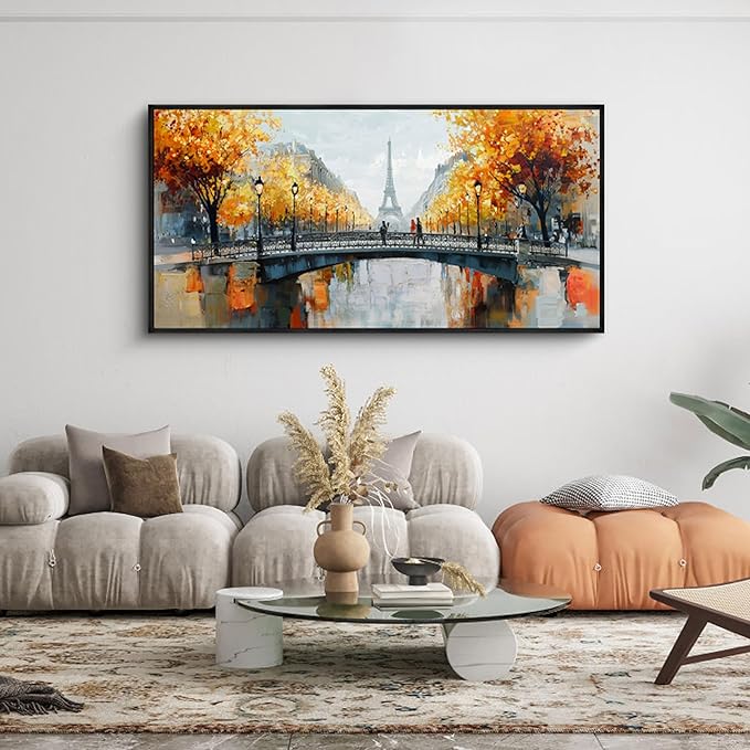 KLAKLA Black and White Canvas Wall Art for Living Room Bedroom Bathroom Orange Paris Theme Room Decor Oil Painting Print Tower Eiffel Painting for Wall Decor 24x48 Inches