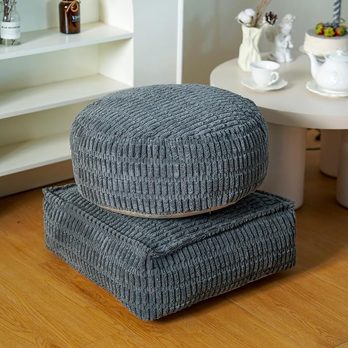 Unstuffed Pouf Ottoman Cover Soft Storage Extra Seat Farmhouse Comfortable Bohemian Poufs Accent Footrest 20x20x8 Inches for Living Room Bedroom Study Nook (Gray A, Square)