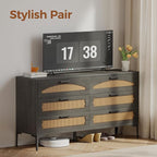 Mericonia 6 Drawer Double Dresser for Bedroom, Wood Rattan Dresser for Closet with Metal Legs, Boho TV Stand with Drawers, Dressers & Chests of Drawers for Bedroom, Hallway and Entryway, Black