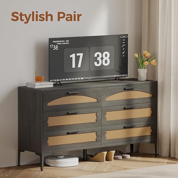 Mericonia 6 Drawer Double Dresser for Bedroom, Wood Rattan Dresser for Closet with Metal Legs, Boho TV Stand with Drawers, Dressers & Chests of Drawers for Bedroom, Hallway and Entryway, Black