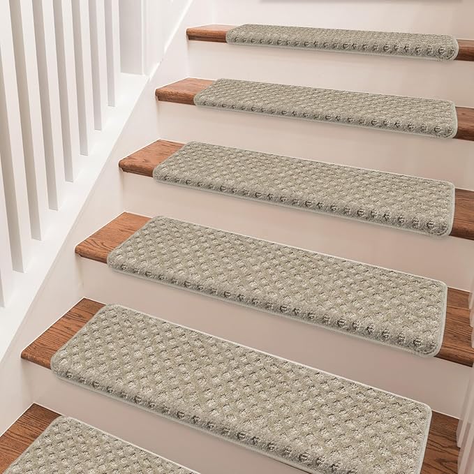 PURE ERA Bullnose Carpet Stair Treads Tape Free Non-Slip Indoor Stair Protectors Pet Friendly Stair Treads for Wooden Steps 9.5" x 30"(14 Pieces,Cream Gray Mini-Diamond Trellis)