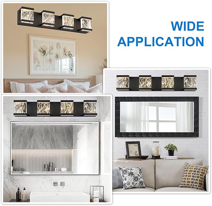 MELUCEE 4 Lights LED Bathroom Vanity Light with Unique Smoke Acrylic Panel Modern Vanity Lighting Black Bathroom Light Fixtures Wall Sconce for Bath Powder Room Entryway, 20W 3000K Warm Lighting