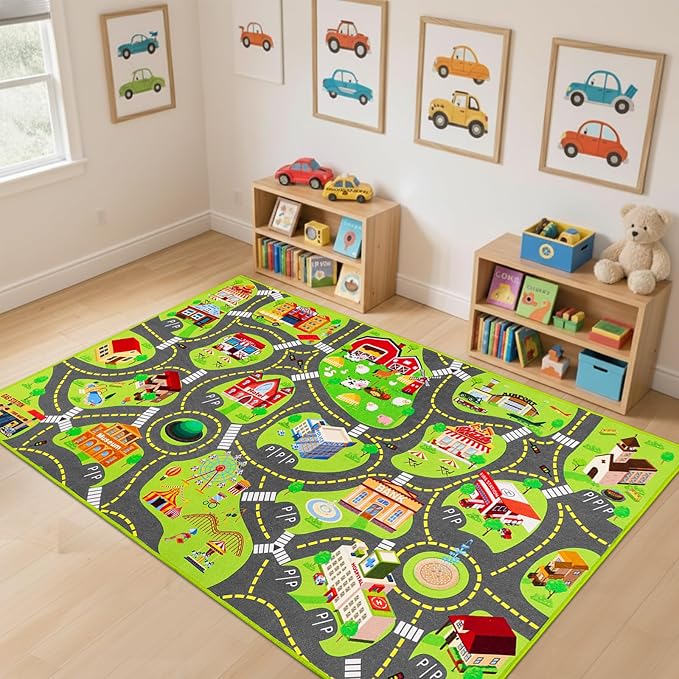 Kids Car Rug Play Mat, Kids Road Car Play Rug for Toy Cars, Educational Town City Map Carpet Vehicle Mat for Boy Playroom Bedroom, Non Slip Car Track Rugs for Kid Baby Children (60"X36", A)