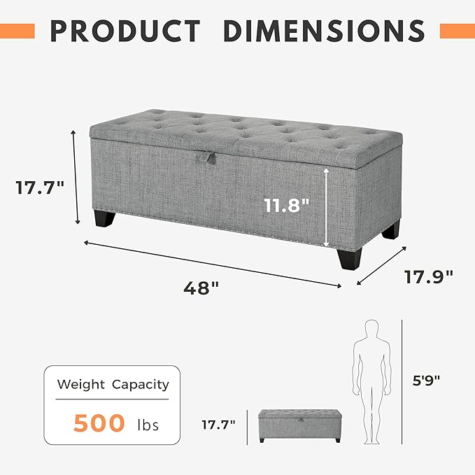 24/7 Shop at Home Sacallant Modern Linen Storage Bench with Button-Tufted Lift-Top, Upholstered Footstool, Rectangular Ottoman for Living Room, Bedroom, Entryway, Light Grey