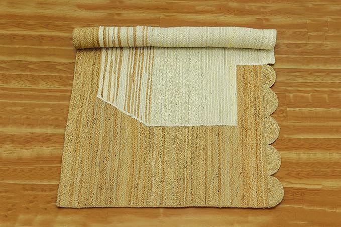 Scalloped Edge Rug, Hand Woven Natural Jute Area Rug, 9x12 Ft Beige & Brown Braided Sisal Kilim Rugs for Living Room, Kitchen, Entryway, Farmhouse