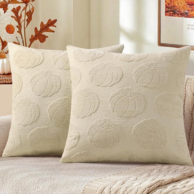 decorUhome Decorative Beige Pumpkin Thanksgiving Throw Pillow Covers 18x18 Set of 2, Soft Chenille Jacquard Farmhouse Textured Pillow Covers for Couch Bed Sofa Autumn Harvest Halloween Holiday