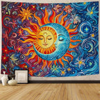 Sun and Moon Tapestry Boho Hippie Orange Red Blue Floral Tapestry for Bedroom Aesthetic Abstract Plant Flowers Stars Small Tapestries Wall Hanging for Living Room Dorm 48 x 36 Inch