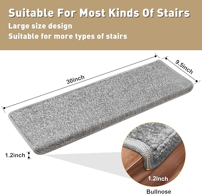 PURE ERA Bullnose Carpet Stair Treads Set Tape Free Non-Slip Indoor Stair Protectors Pet Friendly Rugs Covers Soft Skid Resistant Washable Reusable 9.5" x 30"(14 Pieces,Gray)