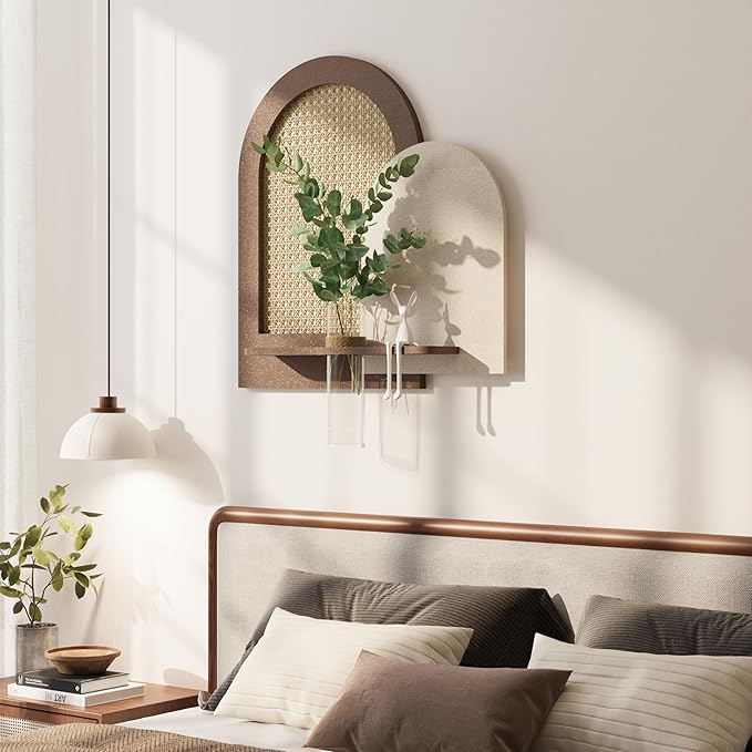 Troartos 3D Textured Boho Neutral Wall Art Decor With Shelf, Modern Beige and Brown Artwork for Walls With Green Accent, Minimalist Wall Decor for Living Room, Hallway, Kitchen, Bedroom, Office 24x24
