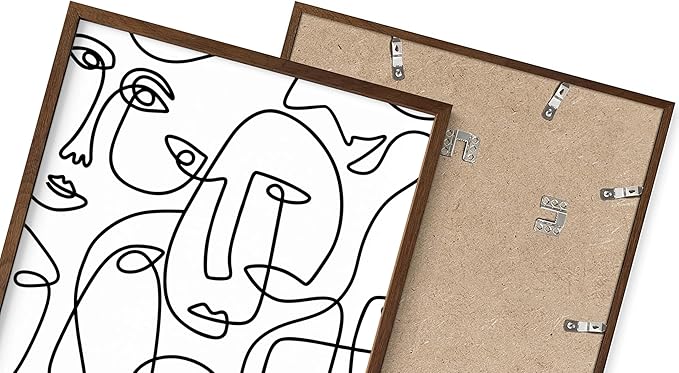 Abstract Face Pattern Wall Art Collage of Modern Faces Continuous Line Drawing 12x16 Inch Oak Wood Walnut Framed Artistic Aesthetic Print for Living Room