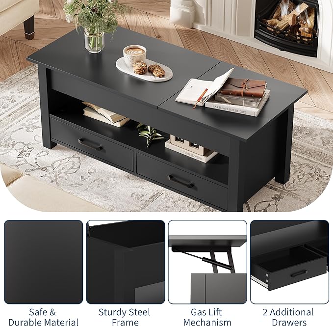 IDEALHOUSE 47.2" Coffee Table with Storage, Multi-Function Lift Top Coffee Table with Wooden Lift Tabletop, 2 Drawers and Hidden Compartment, Central Table for Living Room Home Office, Black