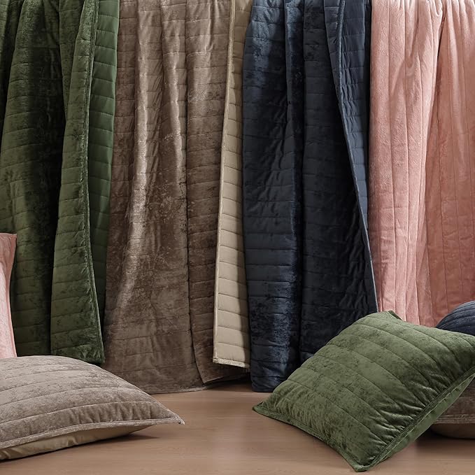 WRENSONGE Velvet Queen Quilt Set-3 Pieces Clay Pink Luxurious Velvet Striped Channel Comforter with 2 Shams, Soft Bedspread Coverlet Quilted Bedding Set for All Season